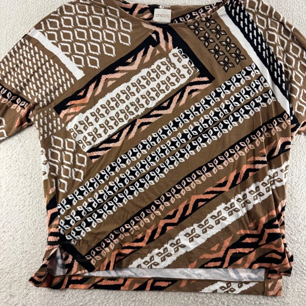 Chico's Knit Top Womens Size 1 Brown Geometric 3/4 Sleeve Good Tribal Print